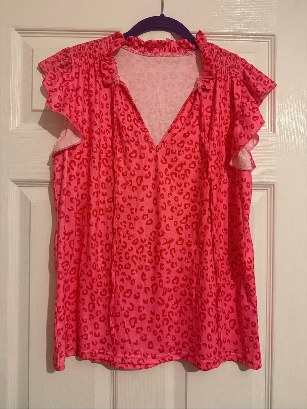 Women's Pink Leopard Print Ruffle Sleeve Top